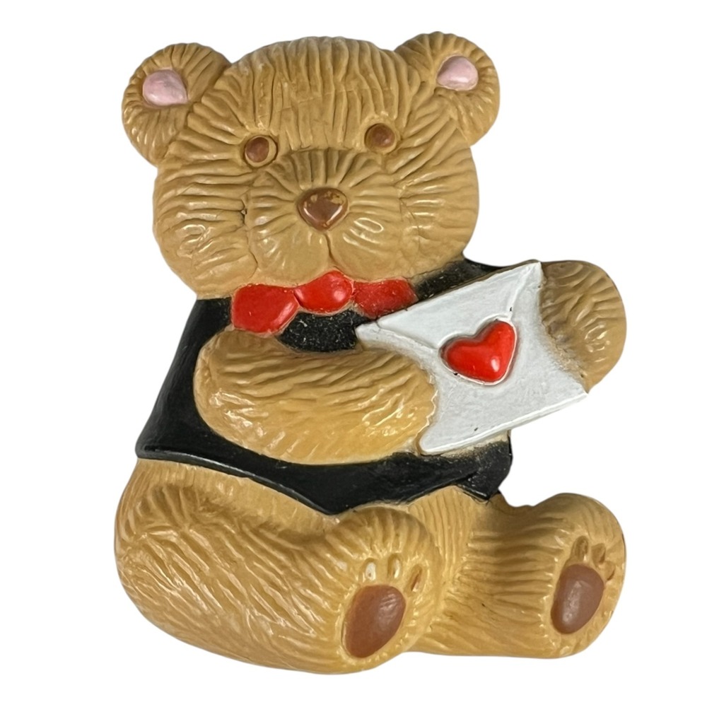 VTG CGI Teddy Bear Pin Brooch Black Coat Red Bowtie Love Letter Valentine 1.5"